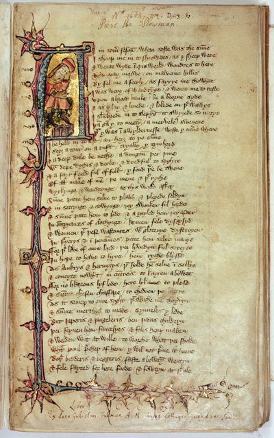 MS CCC 201 f.1 Side med tekst med historisk initial, der forestiller drømmeren, fra Piers Plowman af William Langland af English School
